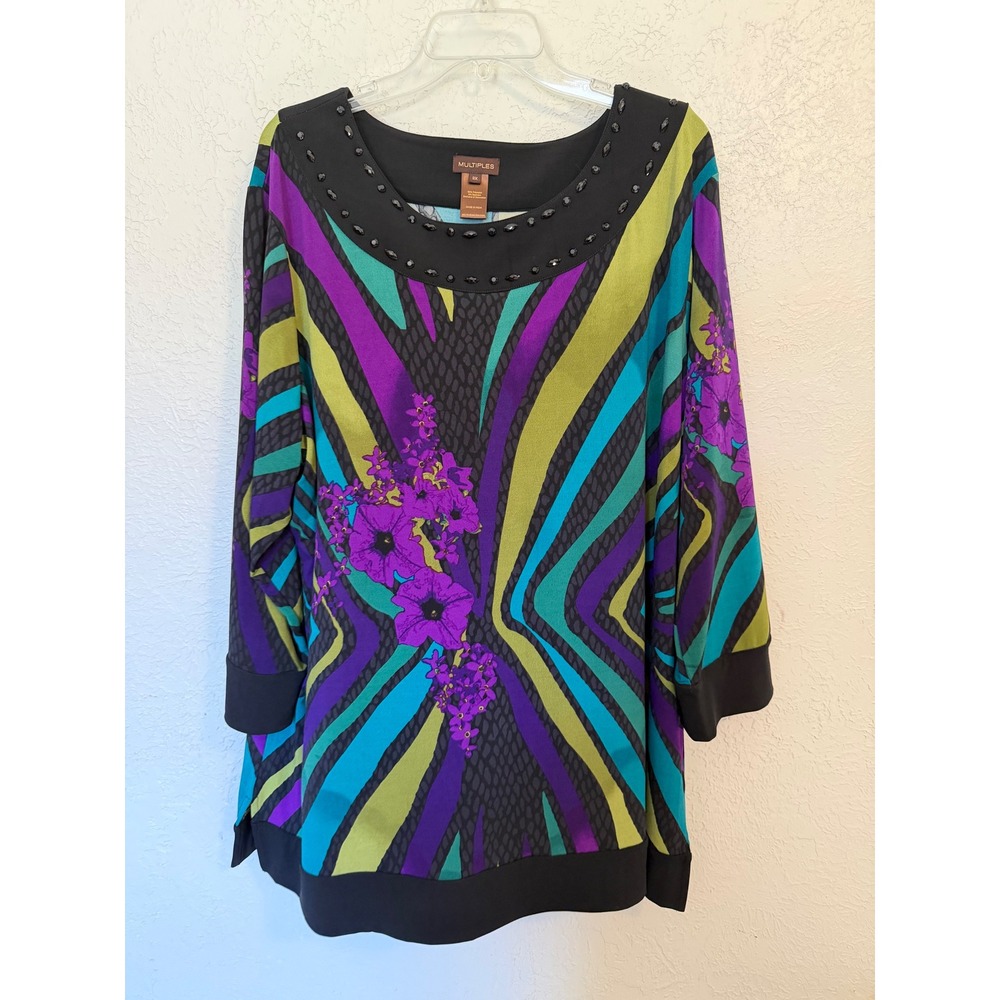 Multiples Women 2X Tunic Top Beaded Scoop Neck Abstract Floral 3/4 Sleeve Purple